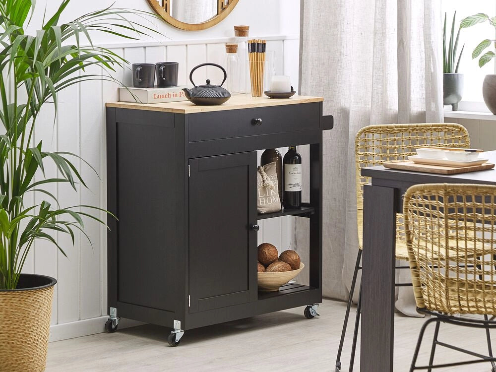 Carrello da cucina in MDF Nero legno di gomma 75 x 43 x 87 cm armadio porta asciugamani 2 ripiani cassetto posate ruote