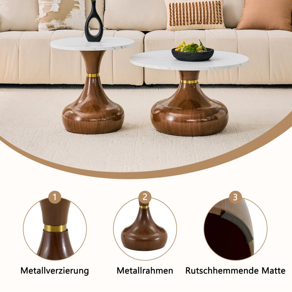 Set di 2 tavolini da caffè rotondi effetto marmo; metallo bianco e noce