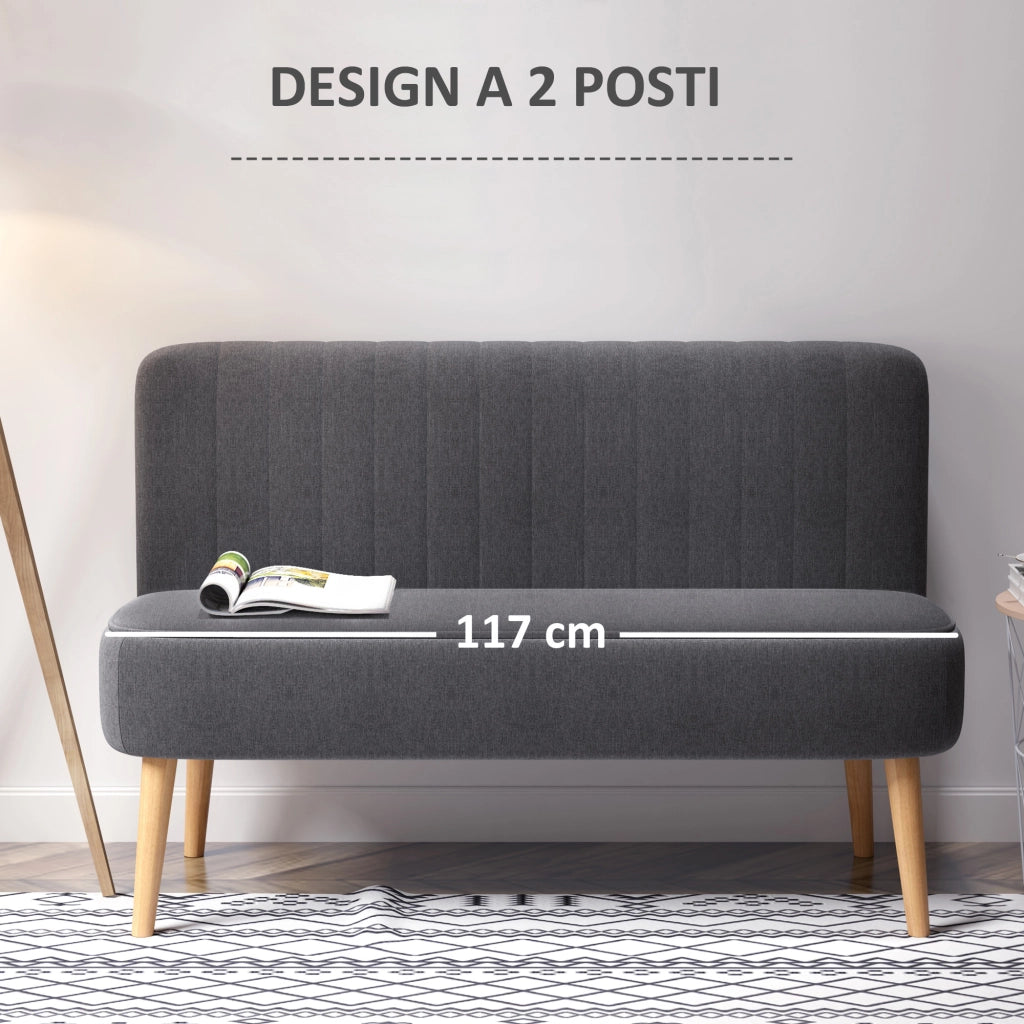 Divano 2 Posti in Tessuto Effetto Lino Senza Braccioli con Gambe in Legno, 117x56.5x77 cm, Grigio Scuro