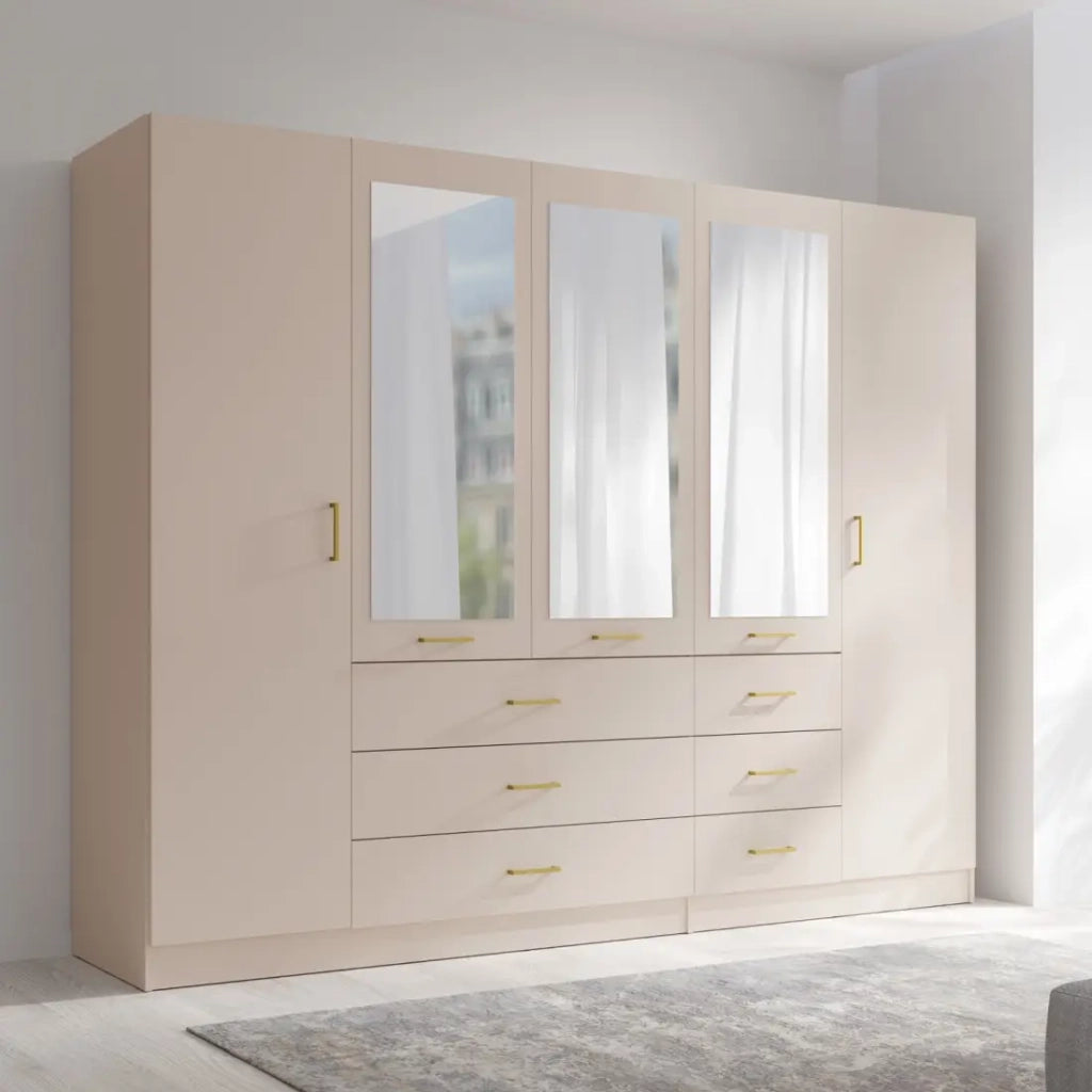 Armadio KALISTA 250 cm beige sabbia con specchi e 6 cassetti