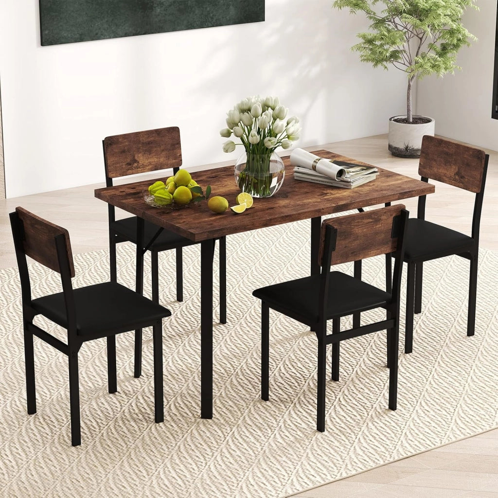 Set da Pranzo 5 Pezzi per 4 Persone, Tavolo da Cucina Industriale e 4 Sedie Imbottite in Pelle Finta con Gambe in Metallo, Set da Pranzo Salvaspazio per Piccoli Appartamenti e Angolo