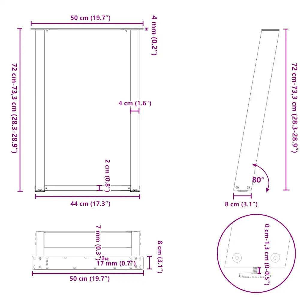 vidaXL Gambe per tavolo da pranzo a forma di U 2 pz nere 50x(72-73) cm in acciaio