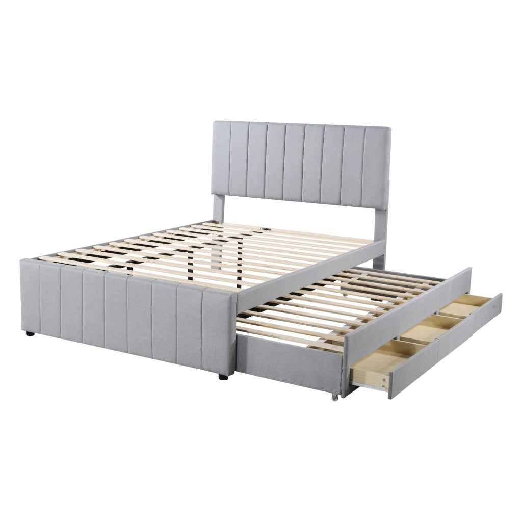 DESMIU Letto estraibile 140 × 200 cm 2 posti con 3 cassetti e letto supplementare, senza materasso, in lino, grigio