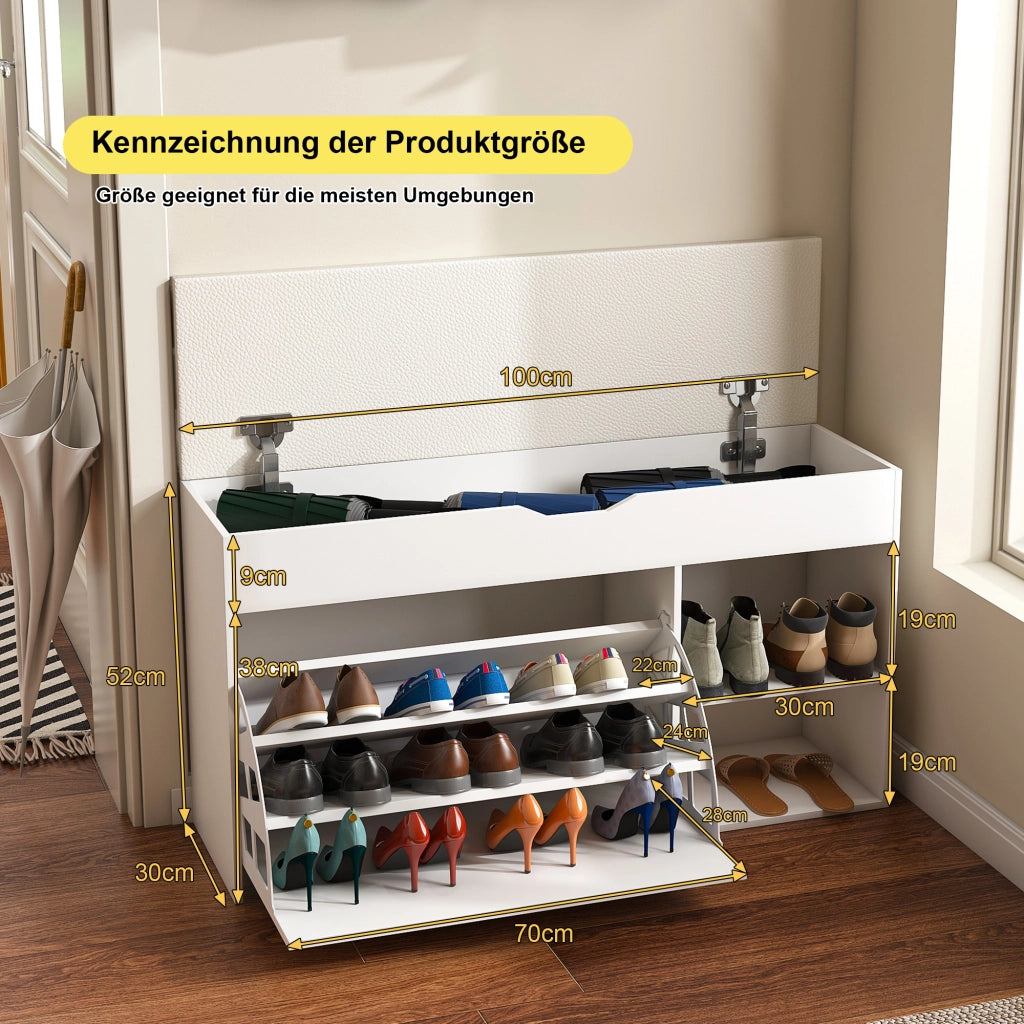 Scarpiera con seduta e vano interno girevole con coperchio apribile per ingresso e soggiorno in MDF bianco 100 × 30 × 52 cm