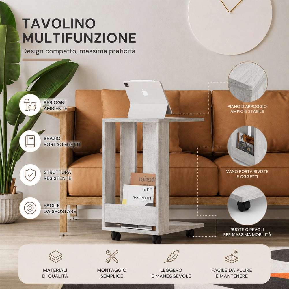 Tavolino Ausiliario con Ruote Design Moderno Mobile Letto Divano Bianco Antico