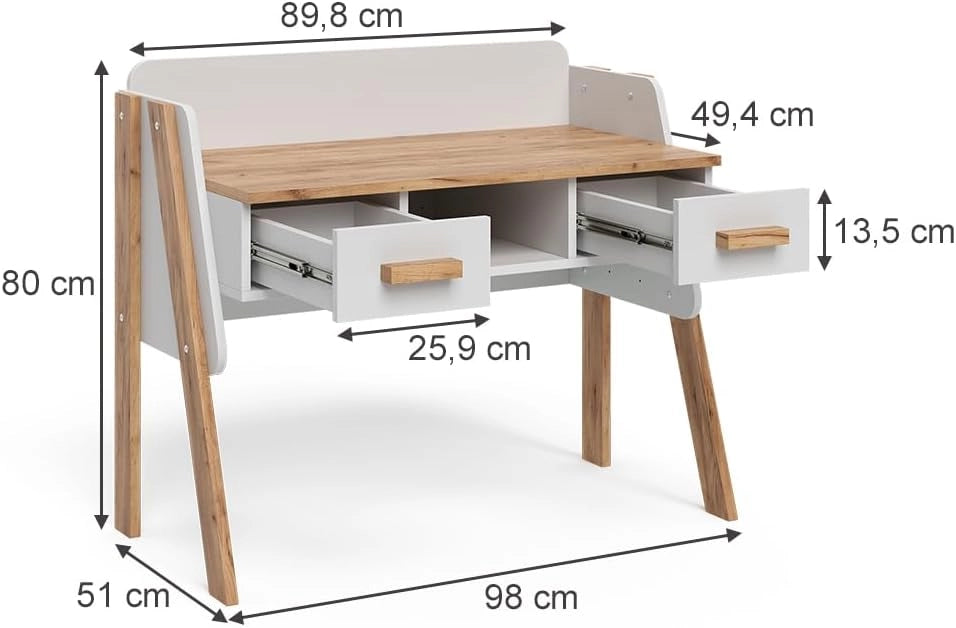 Scrivania Malia, Bianco/Artisan, 97 x 51 cm con 2 cassetti, regolabile in altezza per una configurazione flessibile della postazione di lavoro