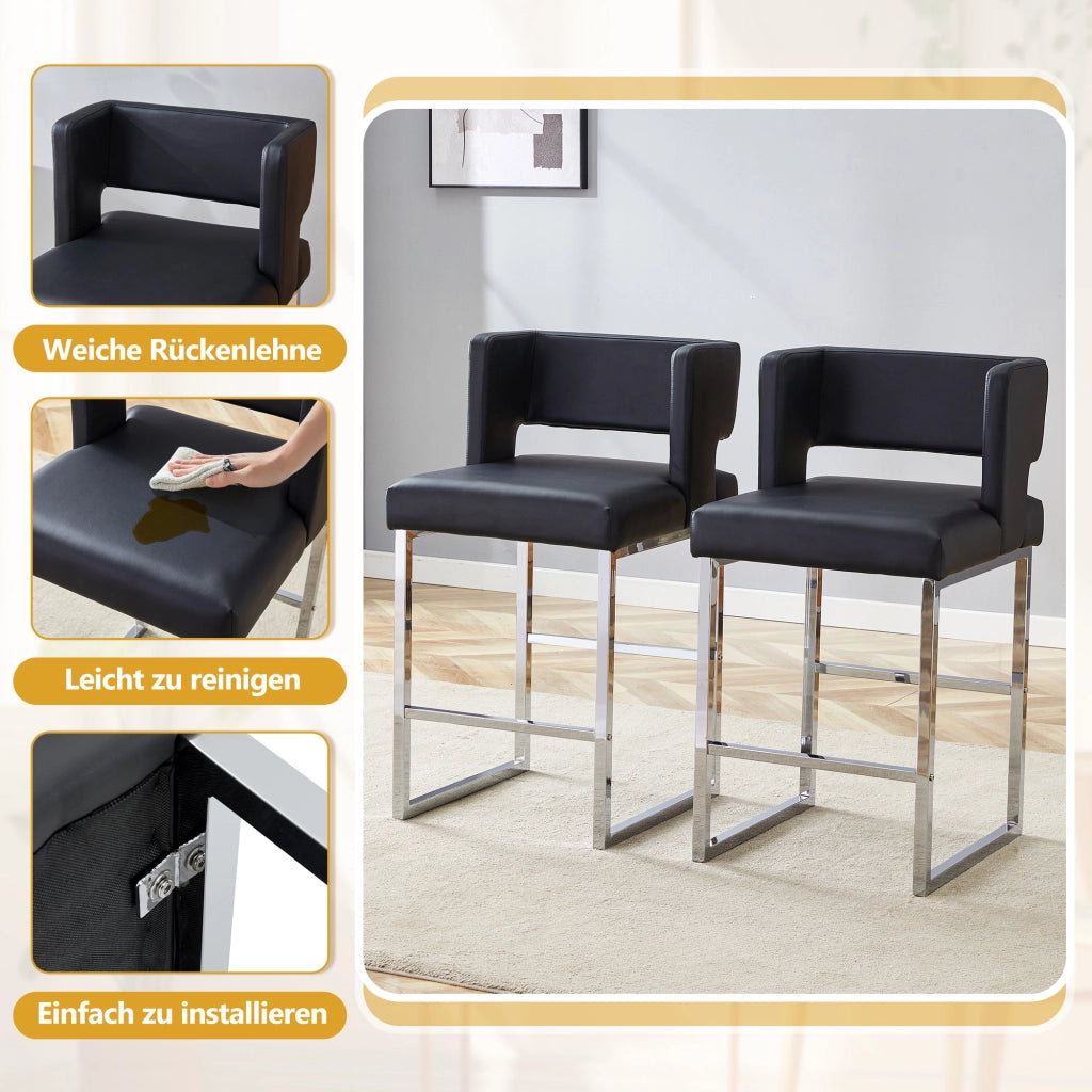 Set di 2 Sgabelli da Bar Stile Nordico con Seduta Quadrata Imbottita e Gambe in Metallo; Pelle PU; Nero e Argento