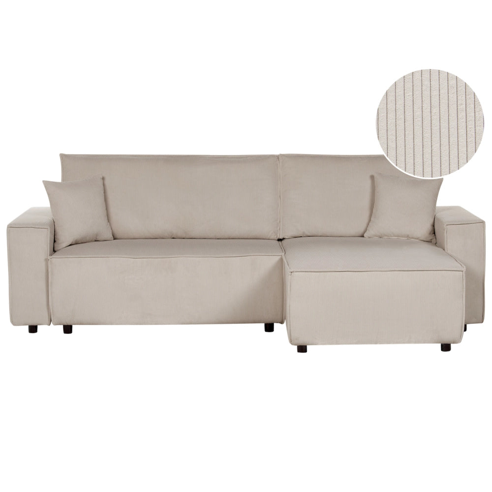 Divano angolare sinistro imbottito in velluto a coste beige con funzione di dormiente e schienale imbottito estraibile