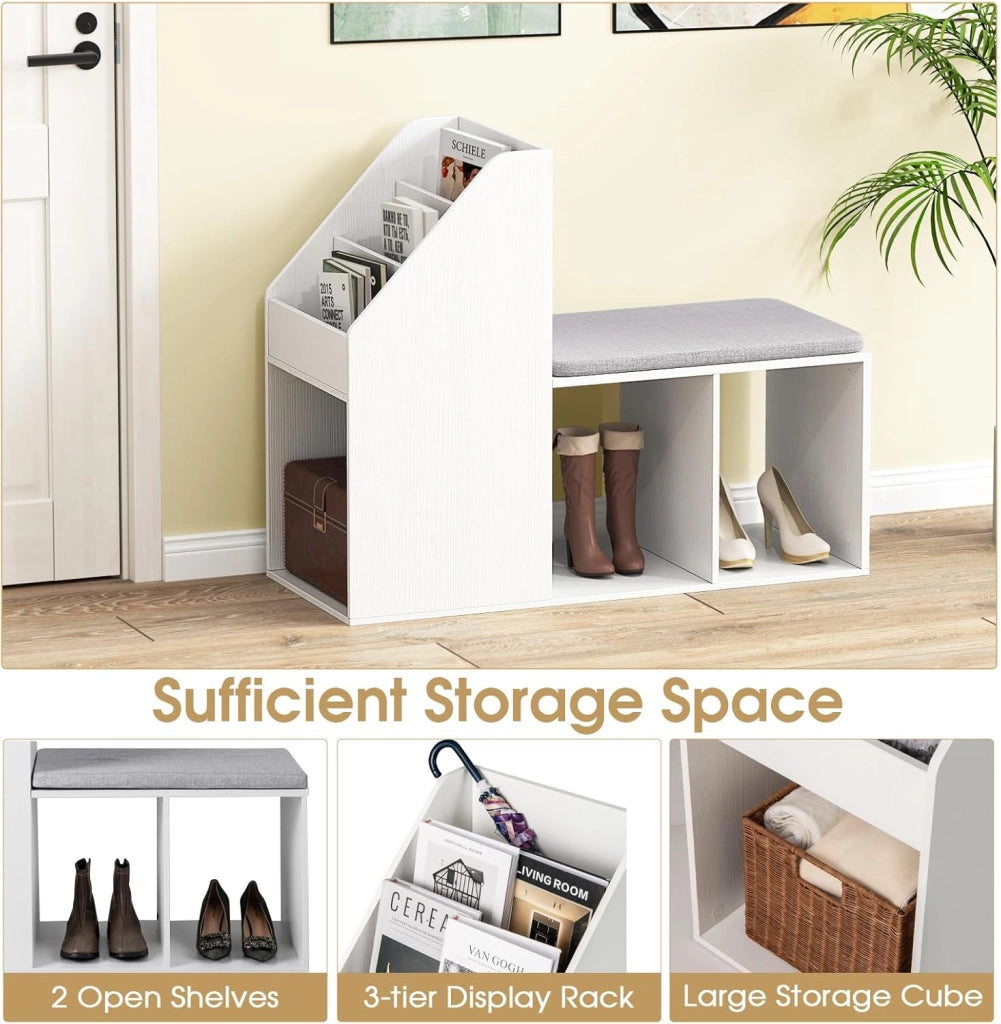Panca Porta Scarpe, Organizzatore per Scarpe con Ripiano a 3 Livelli, Cuscino e 3 Cubi, Scarpiera con Supporto Laterale, Unità di Stoccaggio per Scarpe per Corridoio, Ingresso, Bianca