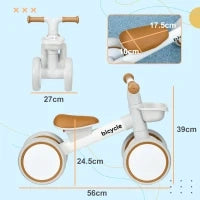 Bicicletta per Bambini con 4 ruote, sella regolabile e manubrio ergonomico in lega alluminio e PP, Marrone e Bianco