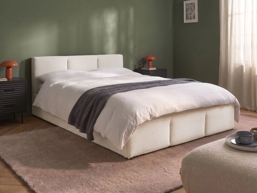 Letto rivestito in tessuto bianco sporco 140 x 200 cm testiera trapuntata con vano portaoggetti