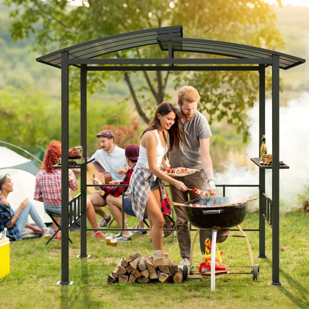 Gazebo barbecue con tetto in policarbonato ventilato mensole laterali ganci-Gazebo barbecue struttura in metallo Nero