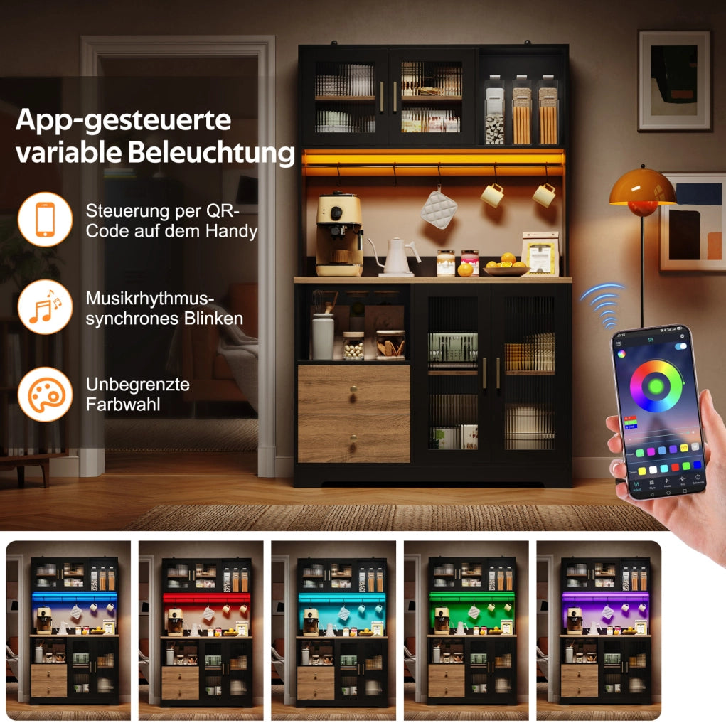 Mobile alto da cucina con LED RGB, prese e vetrina