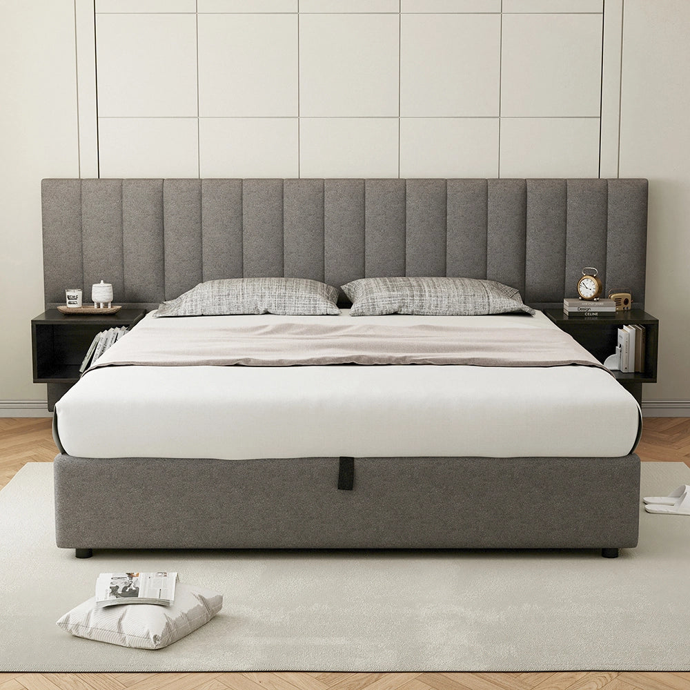 Letto imbottito 160x200 cm con 2 comodini con spazio di archiviazione - Xylo - Grigio + Nero