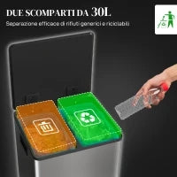 Bidone Immondizia a 2 Sezioni da 30L a Pedale con Coperchio Silenzioso, in Acciaio Inox e PP, 47.7x37.5x66.8 cm