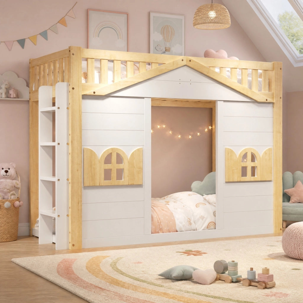 LETTO a soppalco per bambini 90x200 cm in pino bianco con finestra e rete a doghe