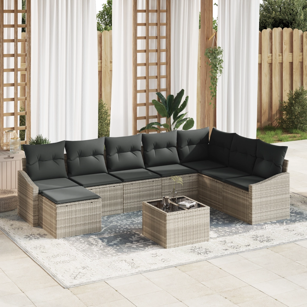 Set di divani da giardino da 9 pezzi con cuscini Grigio Polirattan