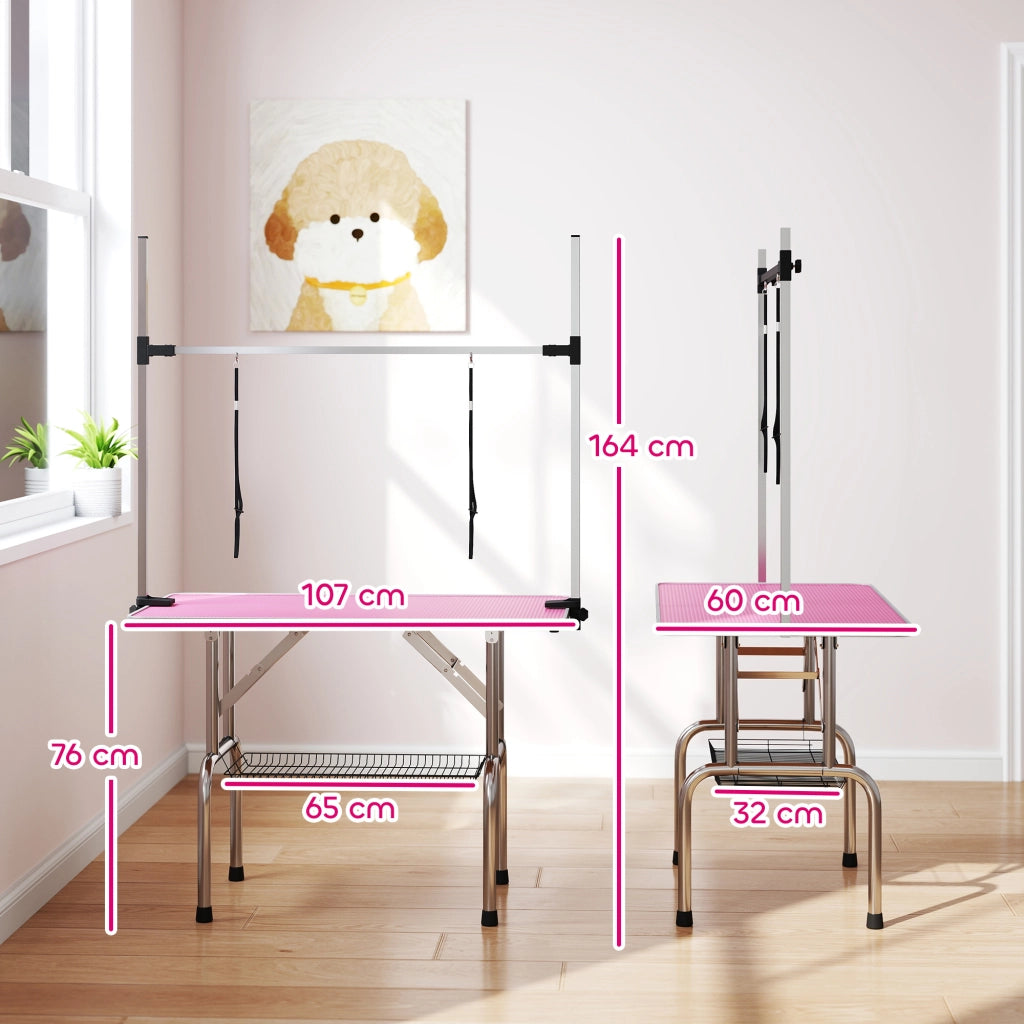 Tavolo da toelettatura canina pieghevole con cesto in metallo ¨C Minimal ¨C 107x60x164 cm rosa