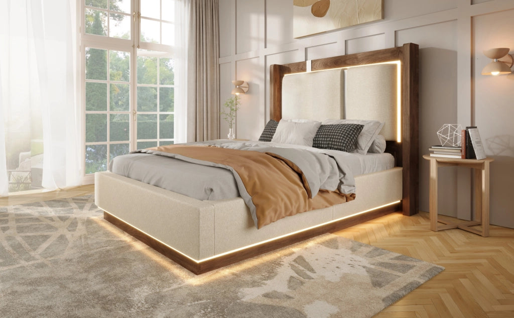 Letto imbottito 90x200 cm con rete a doghe, LED e contenitore, lino beige e noce, senza materasso