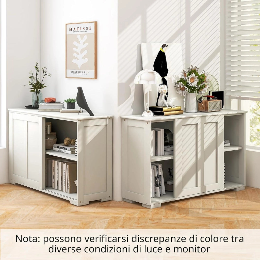 Credenza Cucina con Ripiano Regolabile, Dispositivi Anti-Ribaltamento e Ante Scorrevoli, Mobile Buffet Dispensa Cucina in MDF, Armadietto a Buffet per Sala da Pranzo, 107x33x60cm (Crema)