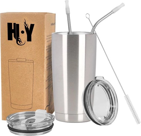 Tazza da viaggio 20oz (550ml) con doppio strato di isolamento a vuoto - cappuccino in acciaio inossidabile con coperchio - 2 manici - spazzola di pulizia inclusa - BPA libero - Argento
