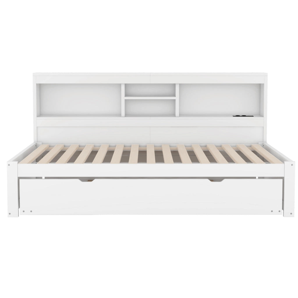 Divano letto daybed 90x200 cm con letto estraibile, LED, USB e presa, vano laterale, bianco