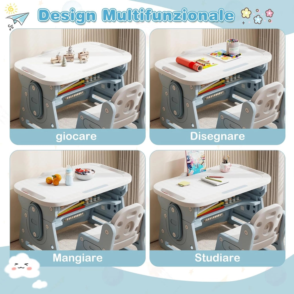Set Tavolo e Sedia per Bambini 3+ Anni, Tavolo Regolabile in Altezza con Lavagna Inclinabile, Sedia Ergonomica, Supporto per Libri e Ripiano Concavo, per Disegnare e Leggere (Blu)