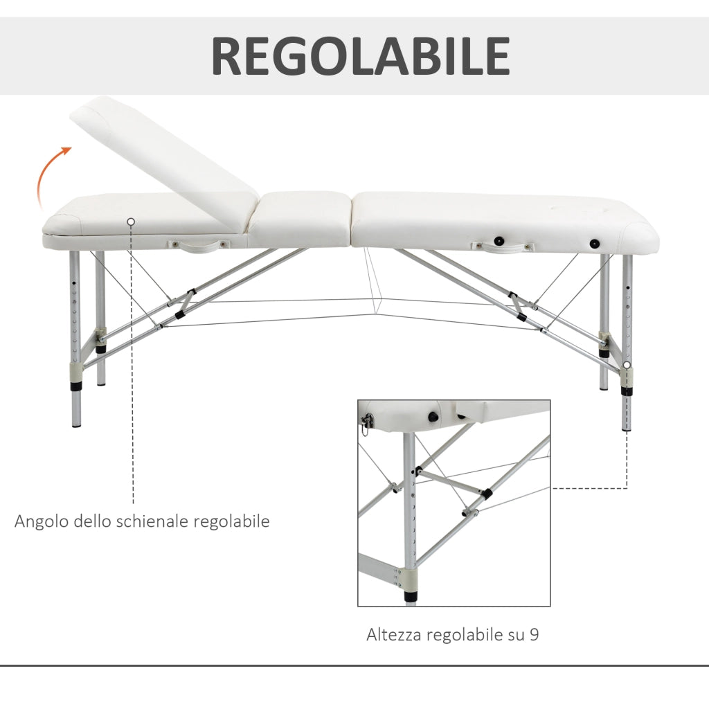 Lettino Massaggi Portatile Pieghevole e Professionale in Alluminio bianco 215x81x61-84cm