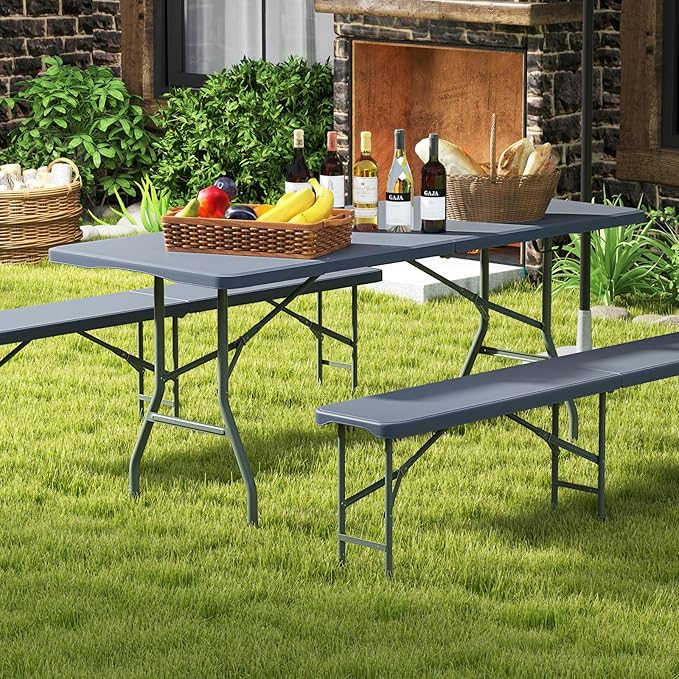 Tavolo Pieghevole Portatile da 180/245 cm, Tavolo da Campeggio in HDPE, Meccanismo di Blocco Sicuro, Tavolo da Picnic con Maniglia, Portata 160 kg (180 cm,Grigio)