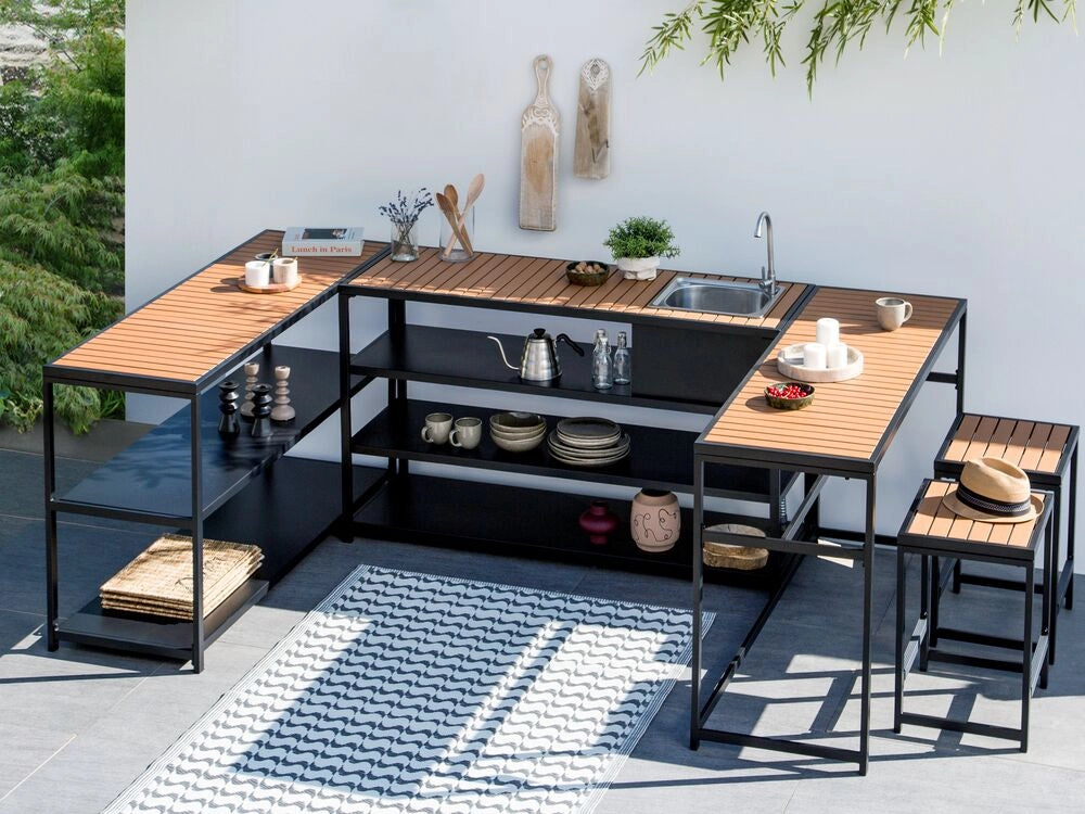 Set da cucina per esterni 6 elementi Piani in acciaio nero in polipropilene cucina all'aperto