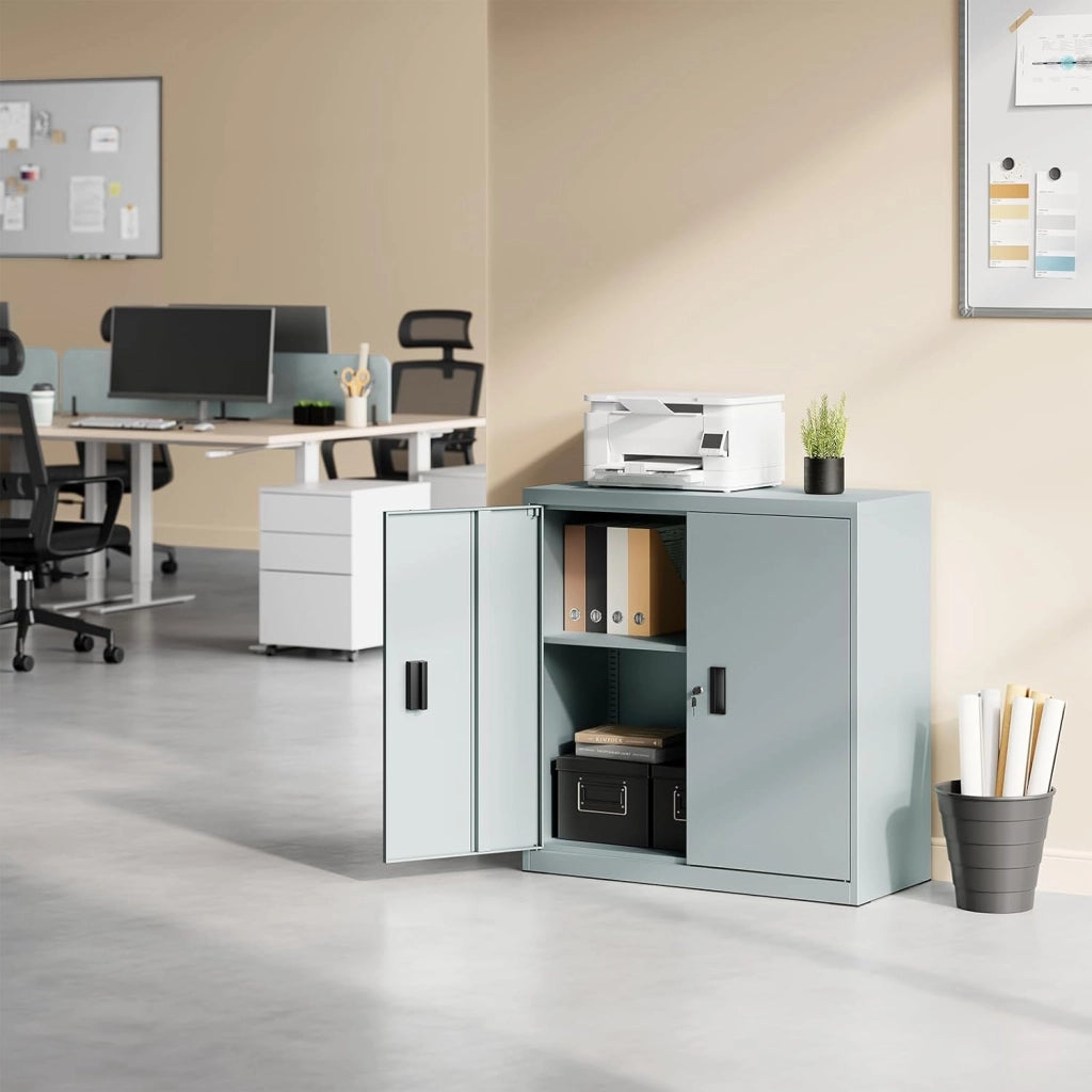 Armadio per Archiviazione con Serratura e Ripiano Regolabile in Altezza, Armadio Multiuso per Ufficio in Metallo, Grigio, L90xH92xP40 cm, ASK12gr
