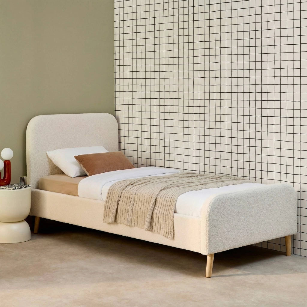 Letto con rete e testiera imbottita bouclé, 90x190cm, crema