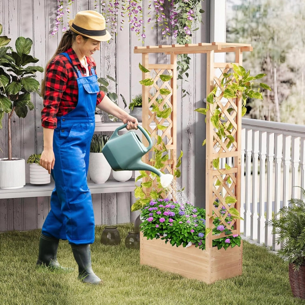 Letto da Giardino Rialzato con Traliccio, Fioriera Rialzata in Legno con Tetto Pendente, Fori di Drenaggio per Piante Rampicanti, Fiori e Verdure (Naturale)