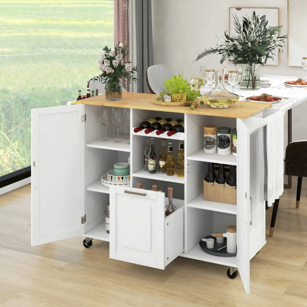 Carrello cucina isola con piano ribaltabile e 4 ruote girevoli, Isola cucina con cassetto profondo portabottiglie Bianco-Carrelli