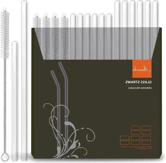 Set di Rietti in Vetro Reutilizzabili - Rietti Corti e Lunghi - Set di Spazzole per Pulizia - Rietti per Bubble Tea e Cocktail