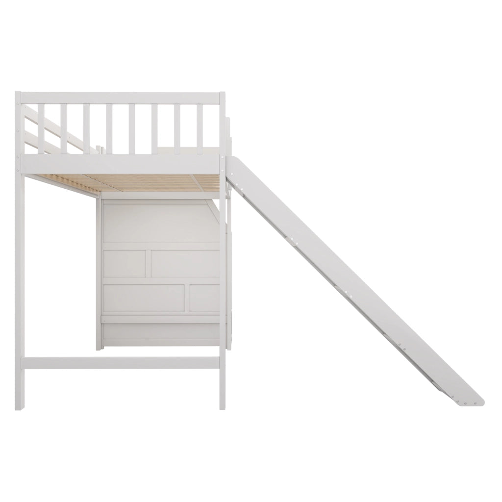 Letto a soppalco per bambini 90 × 200 cm con scivolo, scala contenitore, certificato EN747, senza materasso, bianco