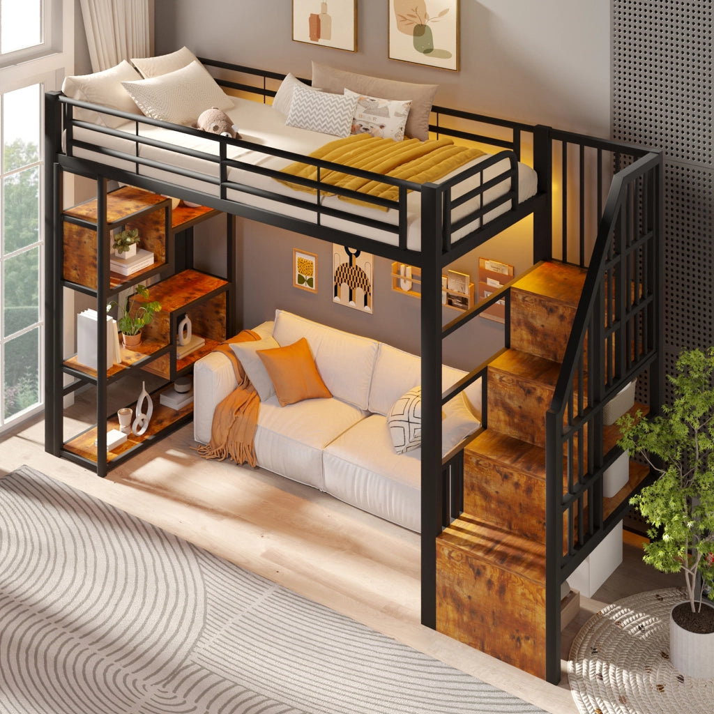 Letto a soppalco 90x200 cm con spazio libero sottostante; LED; ripiano; gradini integrati e parapetto; metallo nero