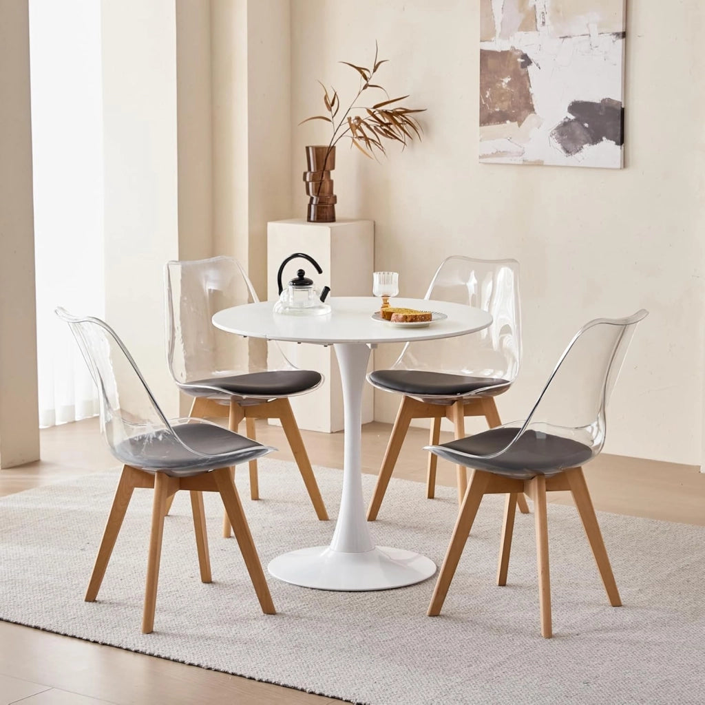 GrandCA HOME Tavolo da Pranzo con 4 Sedie, Tavolo da Pranzo Rotondo Moderno Bianco da 80 CM, 4 Sedie da Cucina Trasparenti Tulip, per Cucina, Soggiorno (Nere)