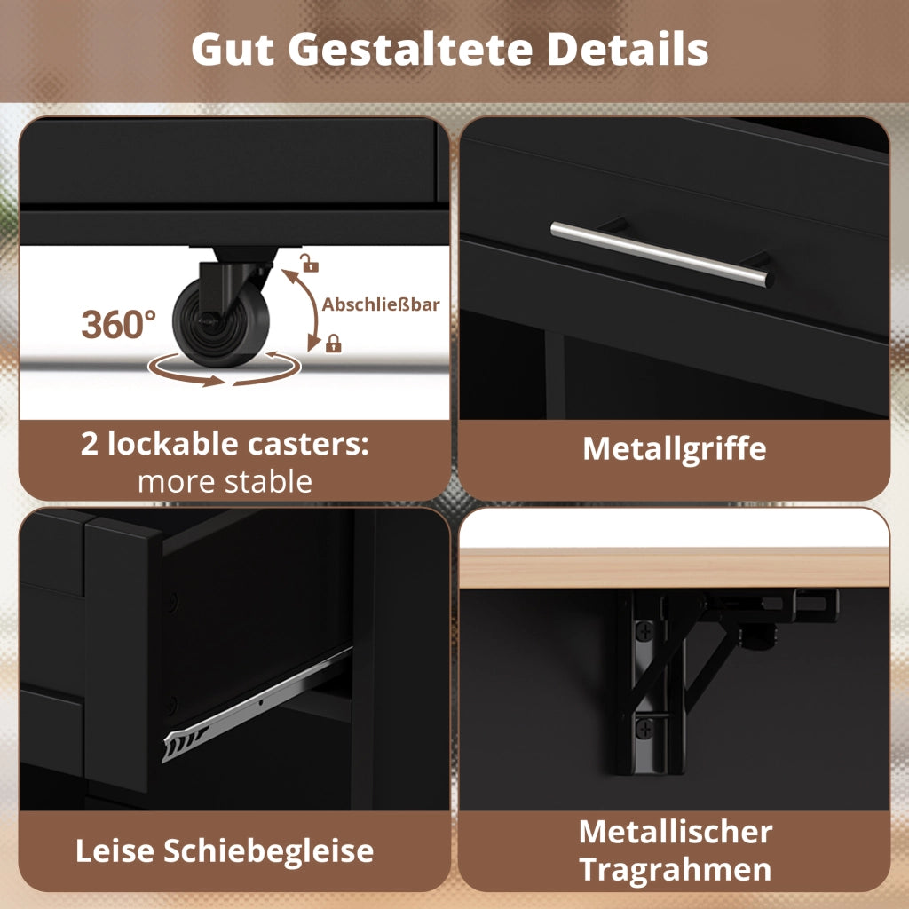 CARRELLO CUCINA ESTRAIBILE 138x45(70)x92 cm MDF Nero/Naturale