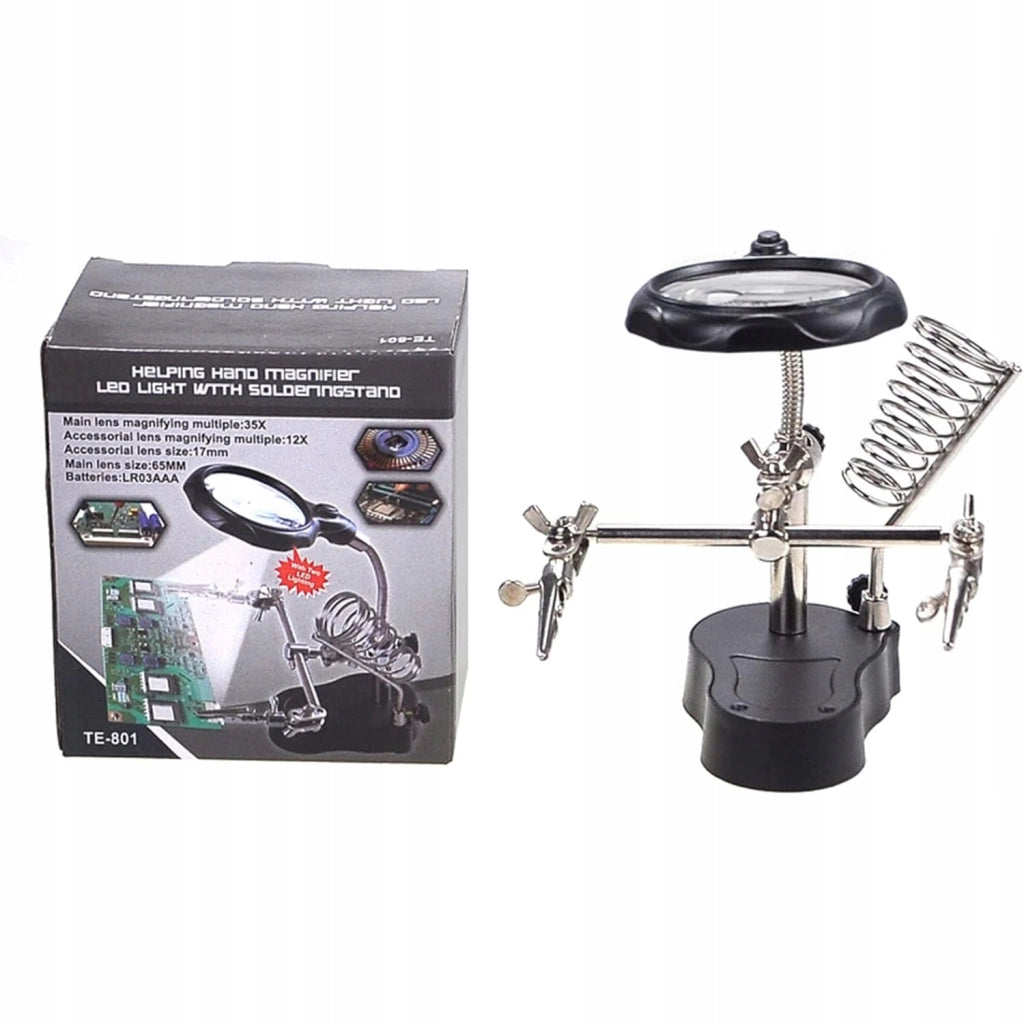 Supporto Terza Mano con Lente d'Ingrandimento TE-801 – Lente 3,5x e 12x | LED 2x | Base Stabile 10x6cm | Altezza 26cm