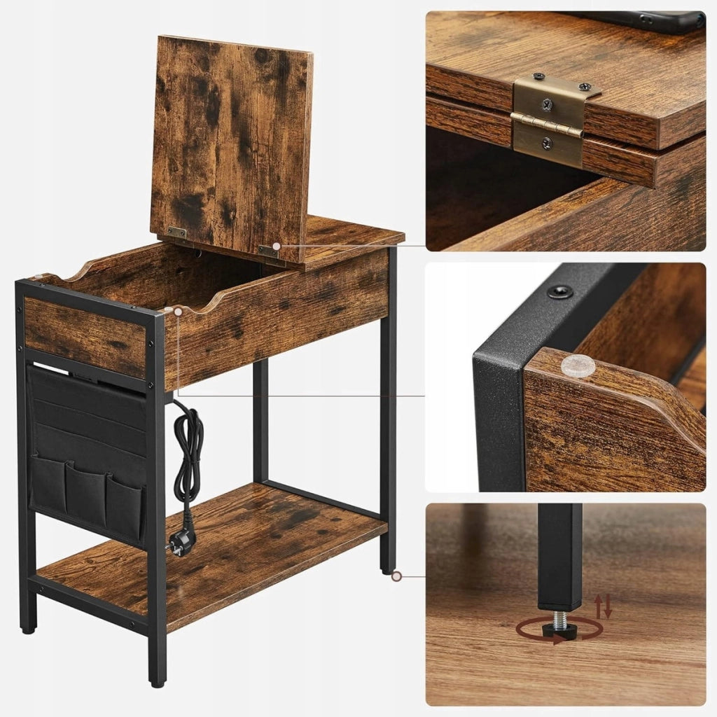 Tavolino bicolore industrial con vano portaoggetti e prese USB