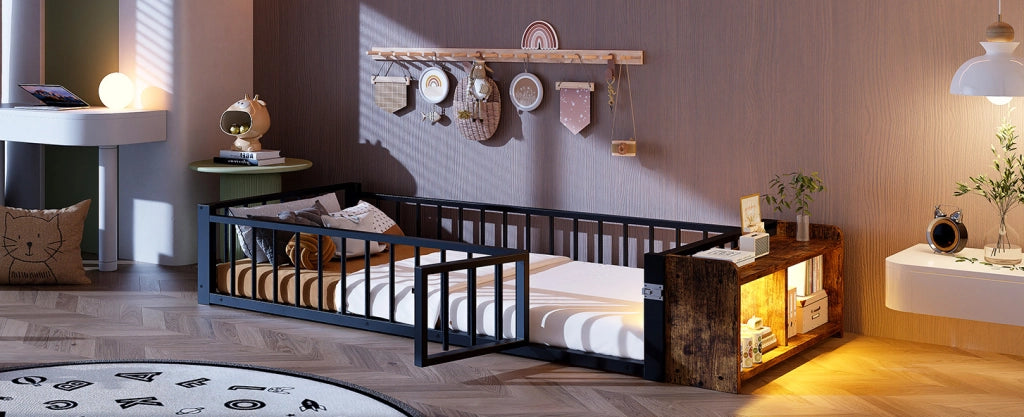 Letto singolo per bambini 90x200 cm con LED e vano, nero