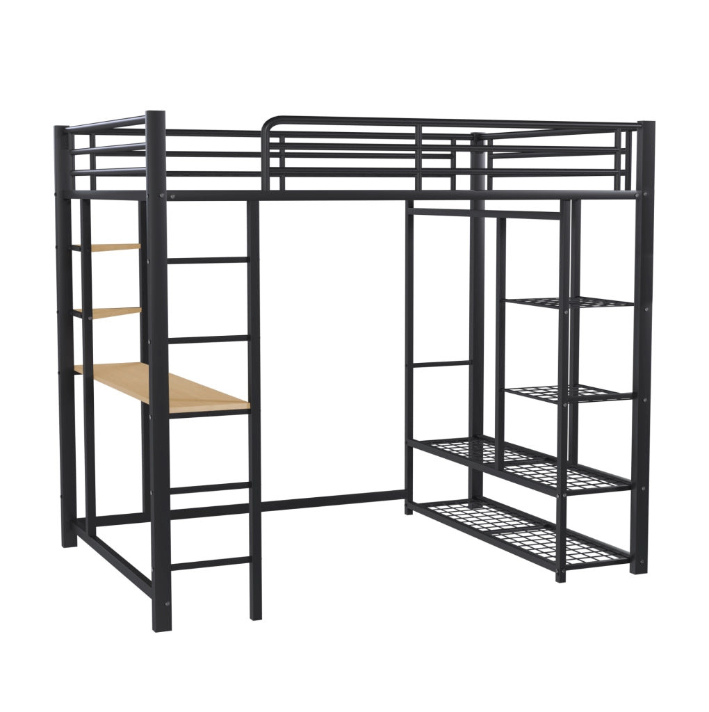 Letto a soppalco in metallo 140x200 cm con scrivania; appendiabiti e ripiani; nero