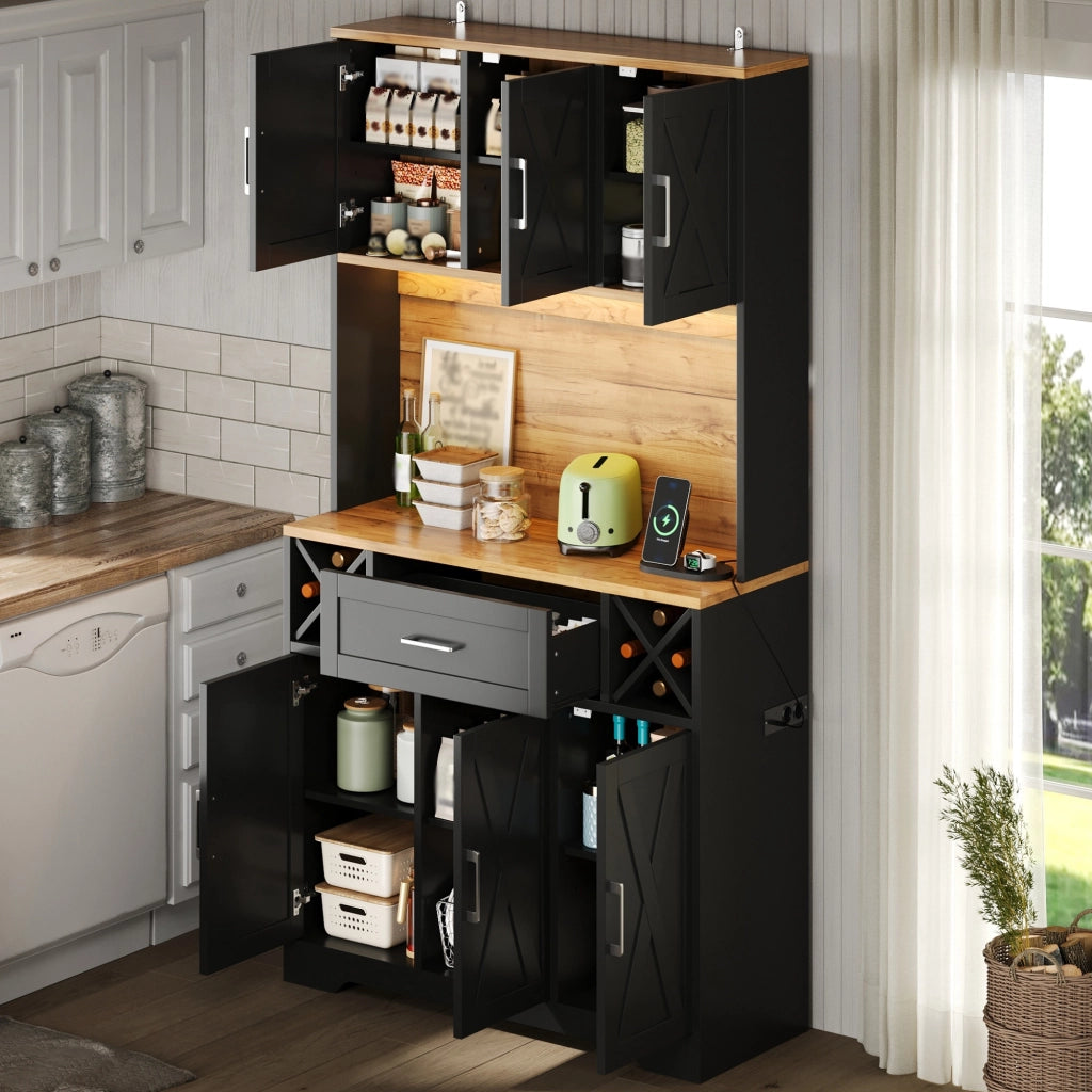 Credenza alta con LED RGB, 2 ante, 1 cassetto, vani aperti e portabottiglie, per cucina e soggiorno 105 × 40 × 180 cm