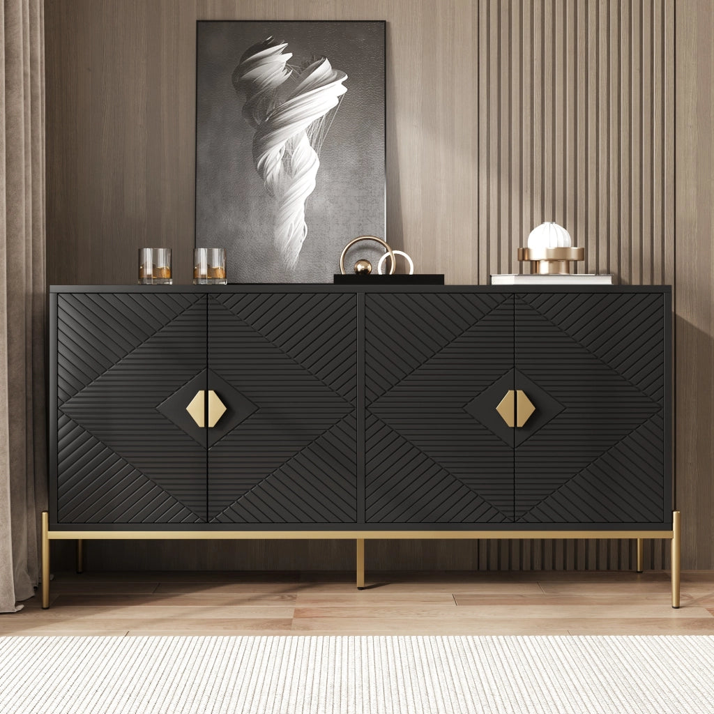 Credenza con 4 Ante e Gambe in Metallo; Motivo Geometrico 3D; Stile Moderno; in MDF; Nero; 162??40??80 cm