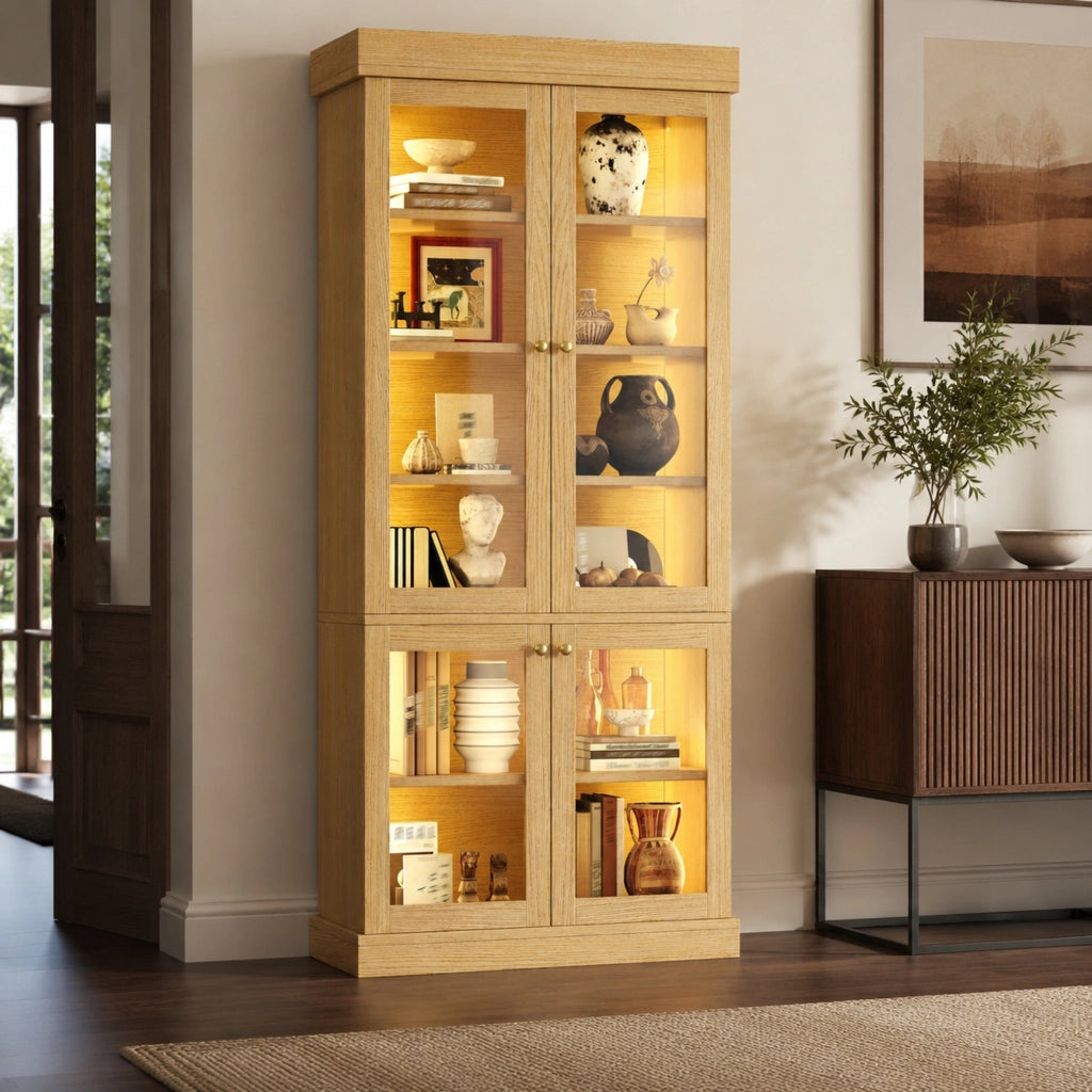 ARMADIO ALTO 80x40x180 cm Natural Wood in MDF, vetro e metallo con LED