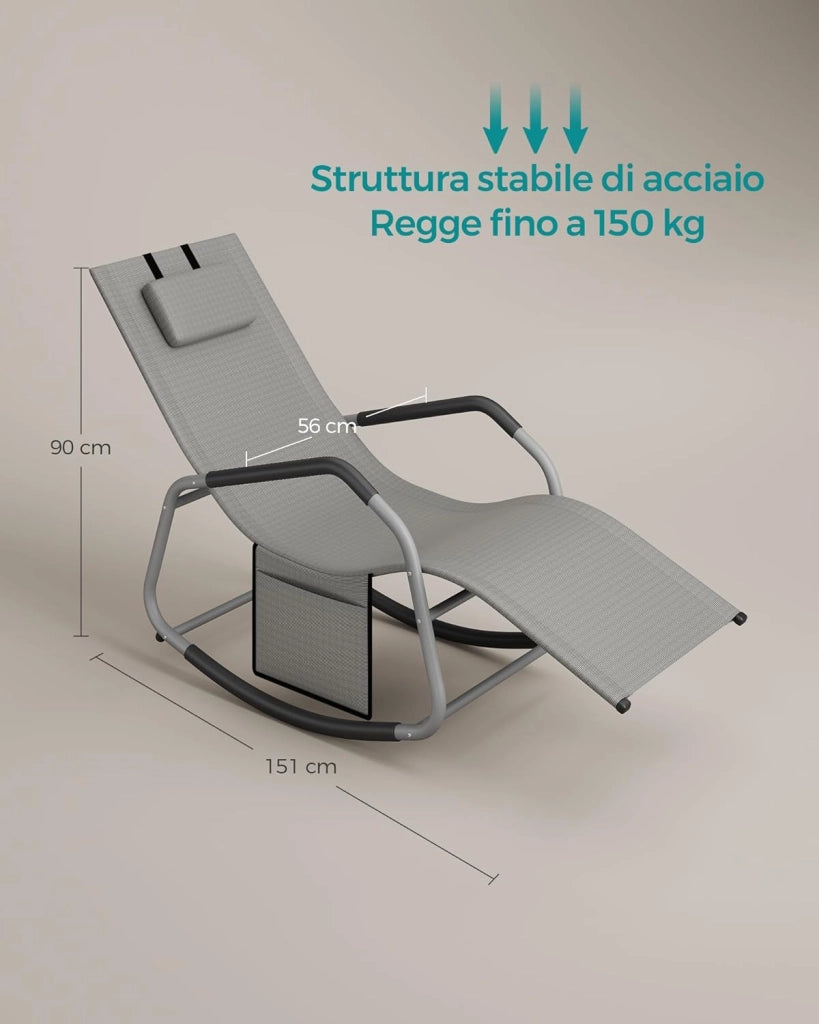 SONGMICS Sedia a Dondolo, Sedia a Sdraio con Fermi Antiribaltamento, Cuscino Regolabile, Telaio in Acciaio, Tessuto Respirante, Tasca Portaoggetti, 156,2 x 97,3 x 151 cm, Grigio Tortora GCB230G01