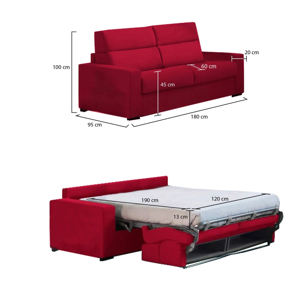 Casabona, Divano Letto 2 Posti Sfoderabile Made in Italy, 180x95 cm Rosso