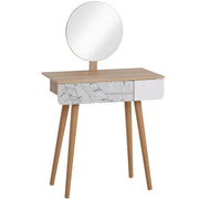 TAVOLO DA TRUCCO CON SPECCHIO TONDO E CASSETTO CON DECORAZIONE JUNGLE BIANCO E ROVERE