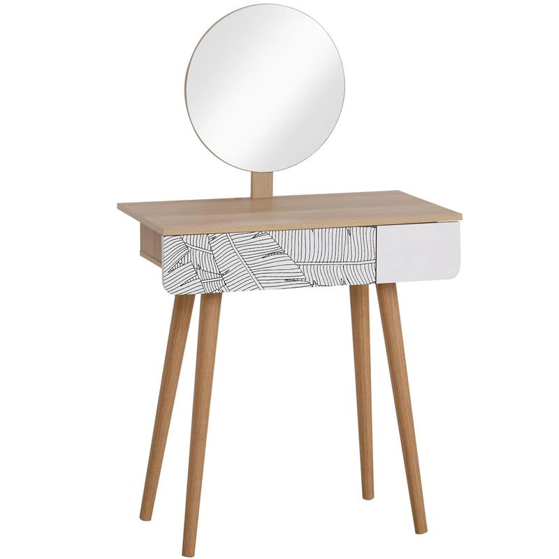 TAVOLO DA TRUCCO CON SPECCHIO TONDO E CASSETTO CON DECORAZIONE JUNGLE BIANCO E ROVERE